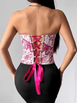 Corsets tops bleus à lacets imprimé floral streetwear lingerie bohème