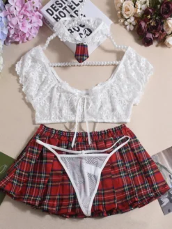 Costume d'écolière sexy pour femme haut dos en T jupe lingerie