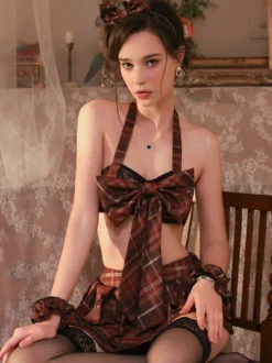Costume Sexy D'Écolière Femmes Jupe Lingerie Ensemble Nœud