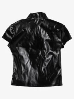 Crop top en similicuir pour femme - Haut noir sexy à manches courtes et col montant découpé - Tenue de club rave d'été 2026
