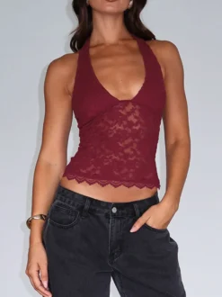 Débardeur rose à bretelles col en U dentelle dos nu chic pour femmes