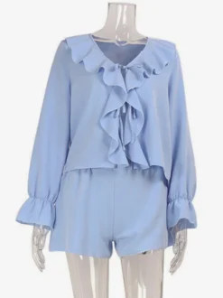 Ensemble bohème à volants 2 pièces pour femme - Haut court à manches longues et nœud sur le devant et short - Tenue de vacances d'été à la plage 2026
