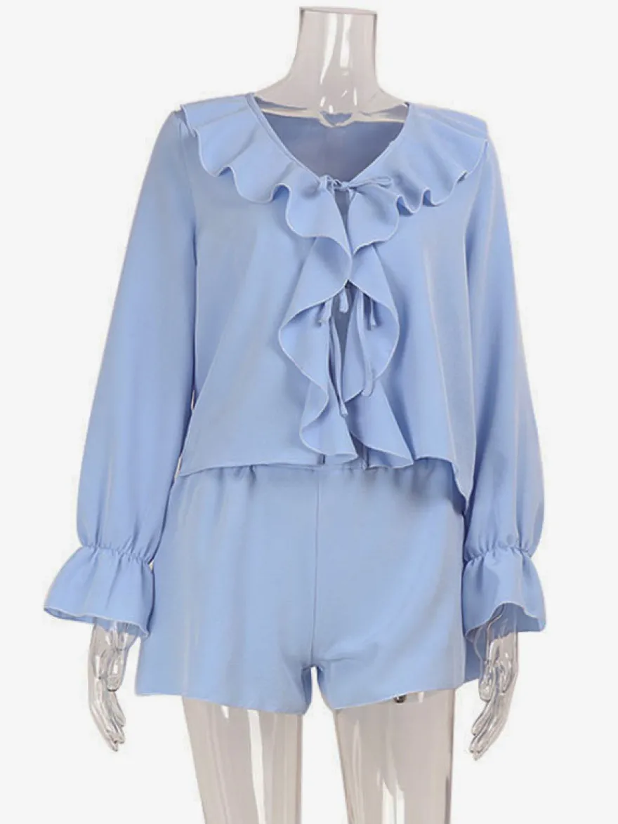 Ensemble bohème à volants 2 pièces pour femme - Haut court à manches longues et nœud sur le devant et short - Tenue de vacances d'été à la plage 2026