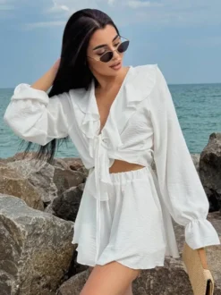 Ensemble bohème à volants 2 pièces pour femme - Haut court à manches longues et nœud sur le devant et short - Tenue de vacances d'été à la plage 2026