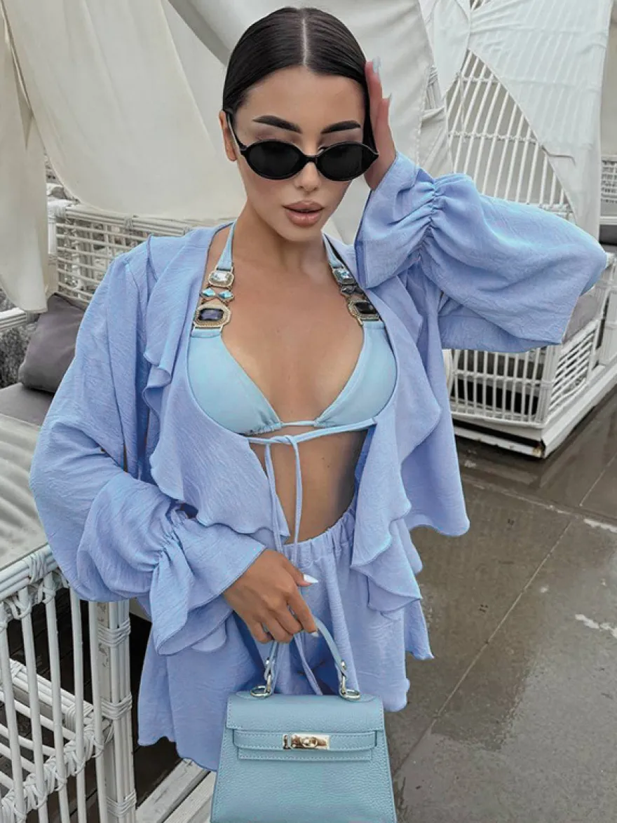 Ensemble bohème à volants 2 pièces pour femme - Haut court à manches longues et nœud sur le devant et short - Tenue de vacances d'été à la plage 2026