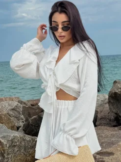Ensemble bohème à volants 2 pièces pour femme - Haut court à manches longues et nœud sur le devant et short - Tenue de vacances d'été à la plage 2026