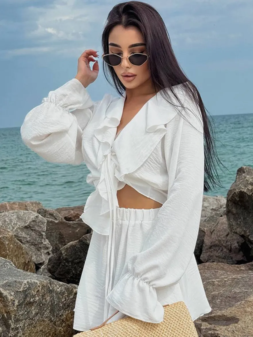 Ensemble bohème à volants 2 pièces pour femme - Haut court à manches longues et nœud sur le devant et short - Tenue de vacances d'été à la plage 2026