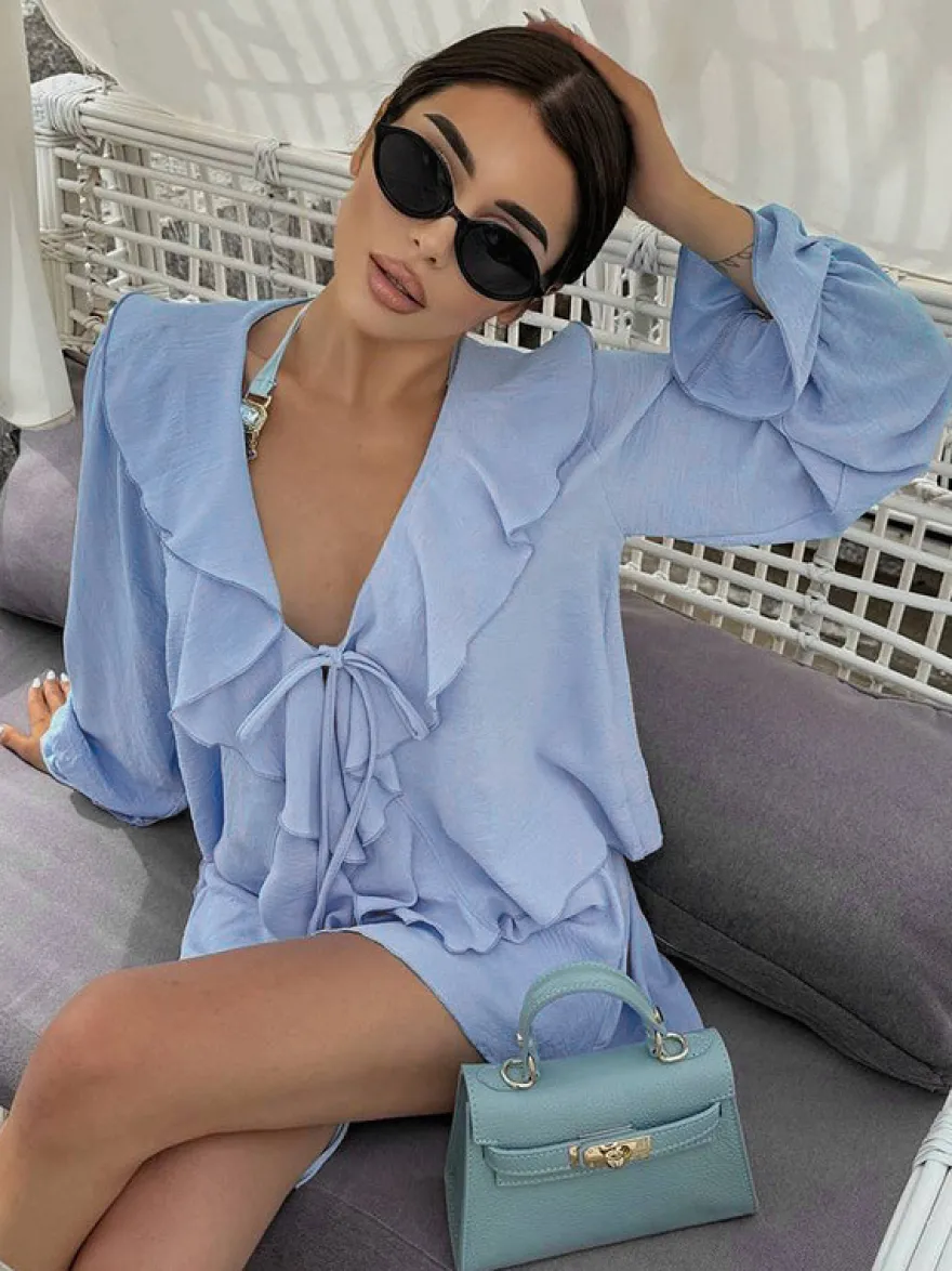 Ensemble bohème à volants 2 pièces pour femme - Haut court à manches longues et nœud sur le devant et short - Tenue de vacances d'été à la plage 2026