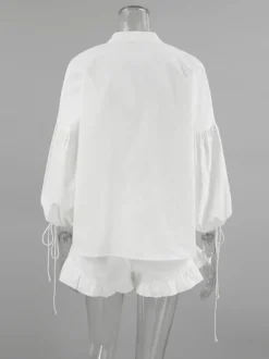 Ensemble chemise oversize en lin rose pastel bleu et blanc taille élastique et short à volants