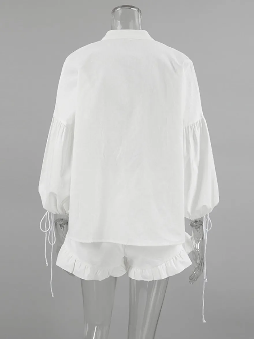 Ensemble chemise oversize en lin rose pastel bleu et blanc taille élastique et short à volants