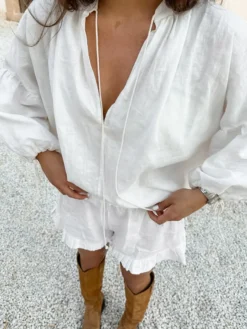 Ensemble chemise oversize en lin rose pastel bleu et blanc taille élastique et short à volants