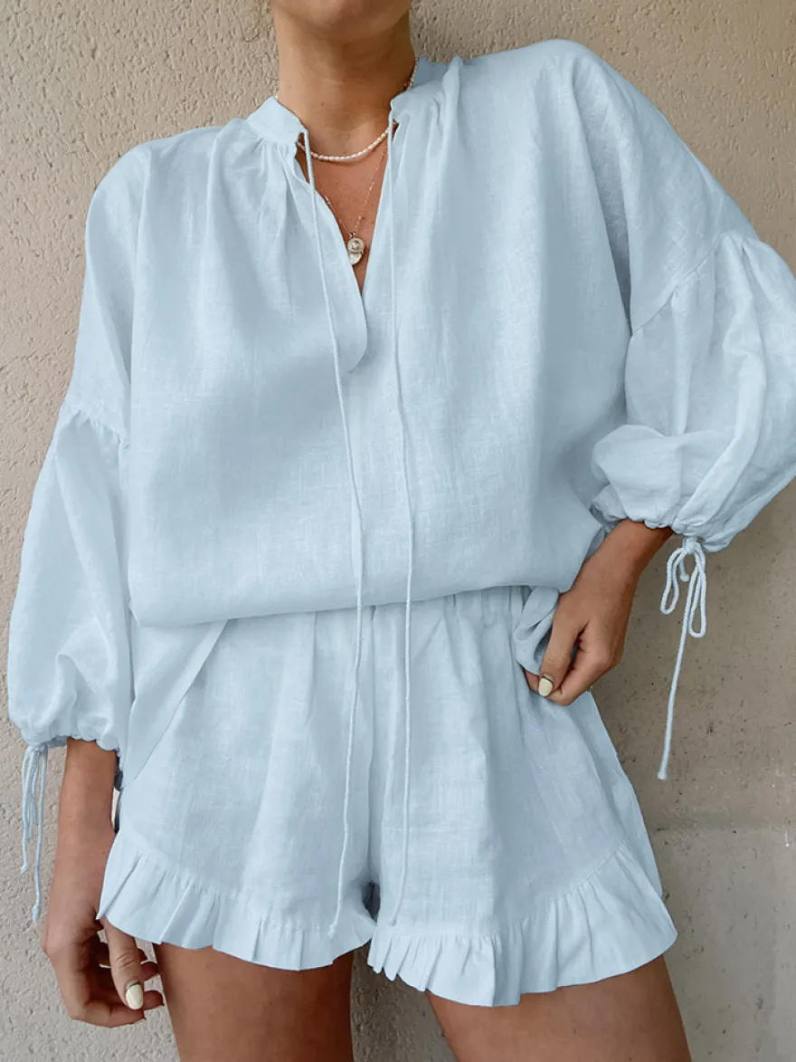 Ensemble chemise oversize en lin rose pastel bleu et blanc taille élastique et short à volants