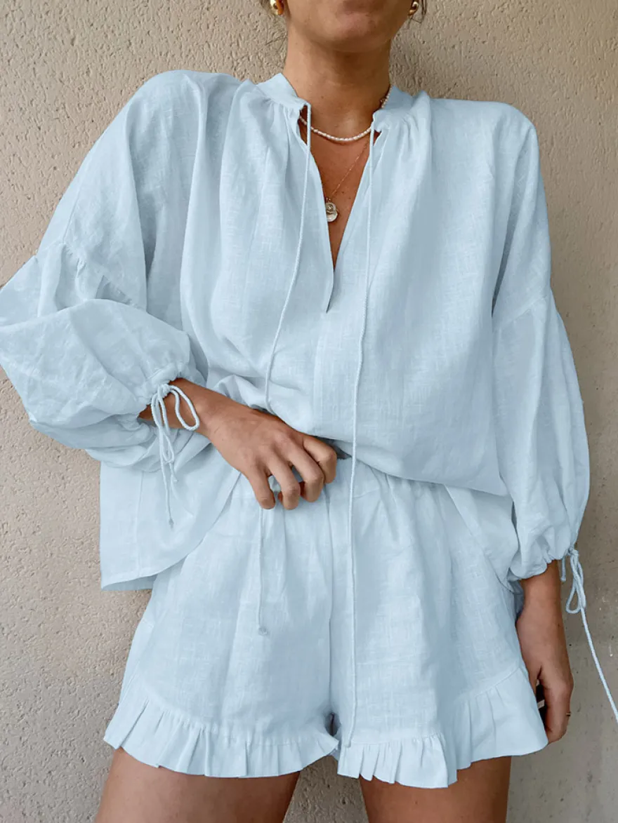 Ensemble chemise oversize en lin rose pastel bleu et blanc taille élastique et short à volants