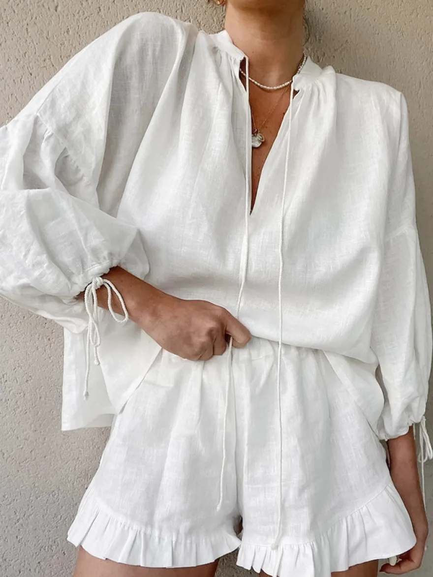 Ensemble chemise oversize en lin rose pastel bleu et blanc taille élastique et short à volants