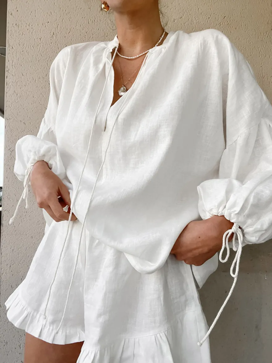 Ensemble chemise oversize en lin rose pastel bleu et blanc taille élastique et short à volants