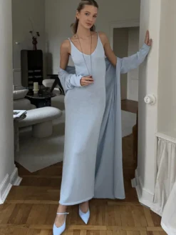 Ensemble coordonné 3 pièces en maille : robe maxi cardigan long et robe nuisette pour femme (collection 2026)