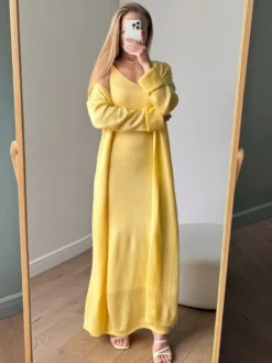 Ensemble coordonné 3 pièces en maille : robe maxi cardigan long et robe nuisette pour femme (collection 2026)