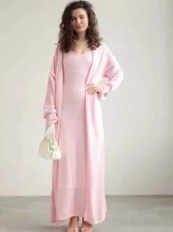 Ensemble coordonné 3 pièces en maille : robe maxi cardigan long et robe nuisette pour femme (collection 2026)