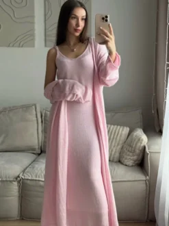 Ensemble coordonné 3 pièces en maille : robe maxi cardigan long et robe nuisette pour femme (collection 2026)