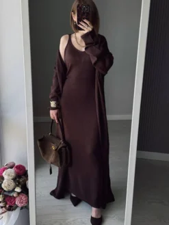 Ensemble coordonné 3 pièces en maille : robe maxi cardigan long et robe nuisette pour femme (collection 2026)