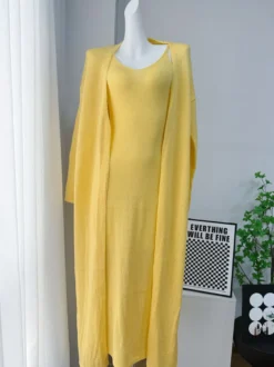 Ensemble coordonné 3 pièces en maille : robe maxi cardigan long et robe nuisette pour femme (collection 2026)