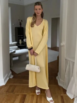 Ensemble coordonné 3 pièces en maille : robe maxi cardigan long et robe nuisette pour femme (collection 2026)