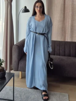 Ensemble coordonné 3 pièces en maille : robe maxi cardigan long et robe nuisette pour femme (collection 2026)