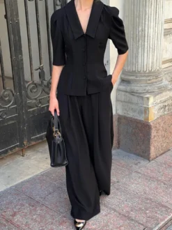 Ensemble coordonné sophistiqué style français pour femme - Haut à manches bouffantes et col cranté pantalon noir à jambes larges - Tenue de travail été 2026