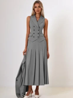 Ensemble de bureau deux pièces pour femme gilet croisé à revers et jupe longue plissée tenue d'été 2026