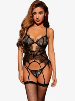 Ensemble de lingerie sexy 3 pièces en dentelle noire avec soutien-gorge et culotte à armatures