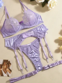 Ensemble de lingerie transparente 4 pièces en dentelle lavande : soutien-gorge culotte et porte-jarretelles