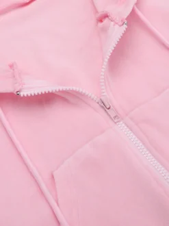 Ensemble de survêtement rose pour femme deux pièces : sweat à capuche court zippé tendance et pantalon droit - Vêtement d'intérieur printemps 2026 en velours style années 2000