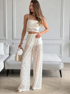Ensemble deux pièces blanc chic décontracté au quotidien bretelles en dentelle pantalon sans manches