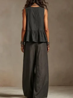 Ensemble deux pièces : débardeur bohème sans manches ivoire à col rond et pantalon large