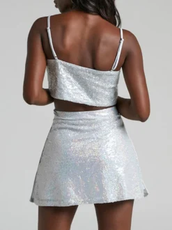 Ensemble deux pièces à paillettes haut court et mini-jupe tenue de fête d'anniversaire pour femme 2026