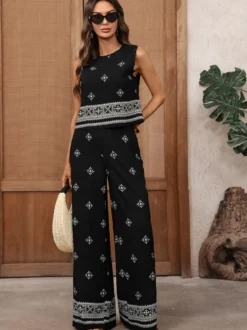 Ensemble deux pièces pantalon noir décontracté en viscose à col rond sans manches