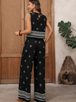 Ensemble deux pièces pantalon noir décontracté en viscose à col rond sans manches