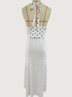 Ensemble deux pièces à pois pour femme - Haut blanc dos nu à col bénitier et jupe longue asymétrique à volants - Vacances d'été à la plage 2026