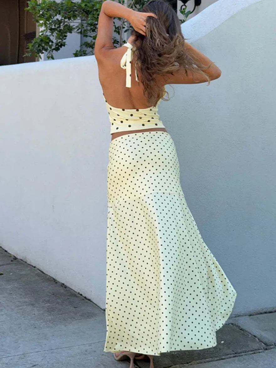 Ensemble deux pièces à pois pour femme - Haut blanc dos nu à col bénitier et jupe longue asymétrique à volants - Vacances d'été à la plage 2026
