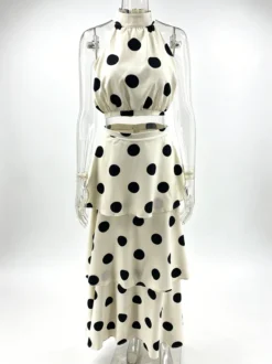 Ensemble deux pièces à pois pour femme - Haut court rétro à col halter et jupe longue à volants - Garden Party d'été 2026