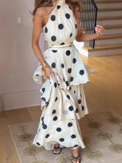 Ensemble deux pièces à pois pour femme - Haut court rétro à col halter et jupe longue à volants - Garden Party d'été 2026