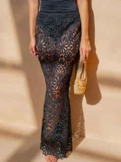 Ensemble jupe longue en dentelle guipure pour femme - Haut court à manches longues ajouré et jupe longue - Idéal pour les vacances d'été à la plage 2026
