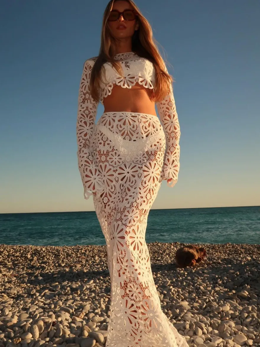 Ensemble jupe longue en dentelle guipure pour femme - Haut court à manches longues ajouré et jupe longue - Idéal pour les vacances d'été à la plage 2026