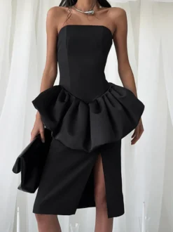 Ensemble élégant 2 pièces pour femme - Top tube péplum vintage et jupe midi fendue sur le côté - Tenue chic pour les fêtes d'été 2026