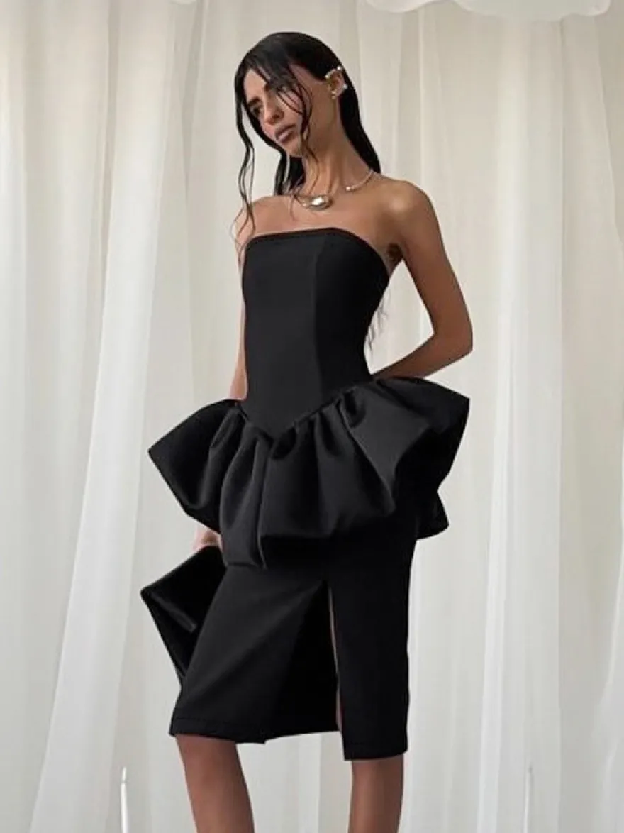 Ensemble élégant 2 pièces pour femme - Top tube péplum vintage et jupe midi fendue sur le côté - Tenue chic pour les fêtes d'été 2026