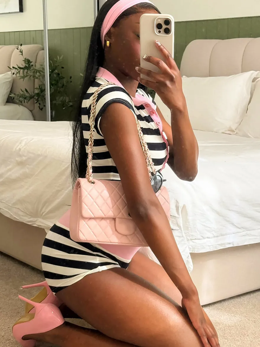 Ensemble 2 pièces assorti : polo court à demi-zip rayé et short taille haute