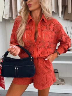 Ensemble 2 pièces chemise à manches longues et short en dentelle 2026