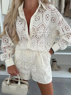 Ensemble 2 pièces chemise à manches longues et short en dentelle 2026