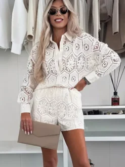 Ensemble 2 pièces chemise à manches longues et short en dentelle 2026