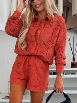 Ensemble 2 pièces chemise à manches longues et short en dentelle 2026